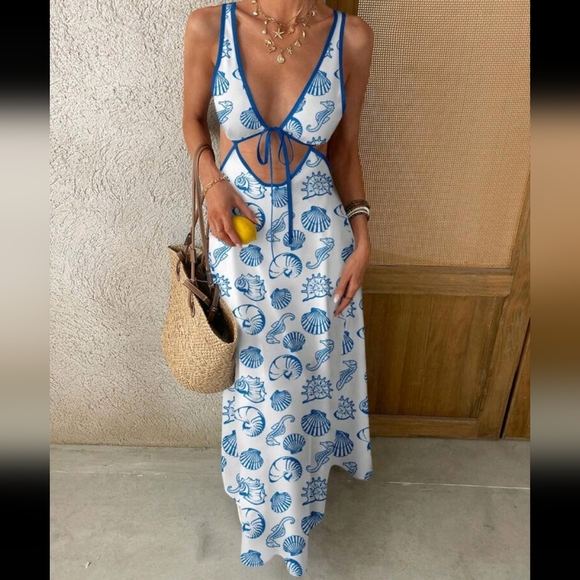 Women Casual Backless V-Neck Hollow A-Line Super Long Dress, Suitable For Beach - Picture 1 of 4